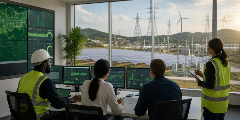Technicians reviewing plant reliability data on site