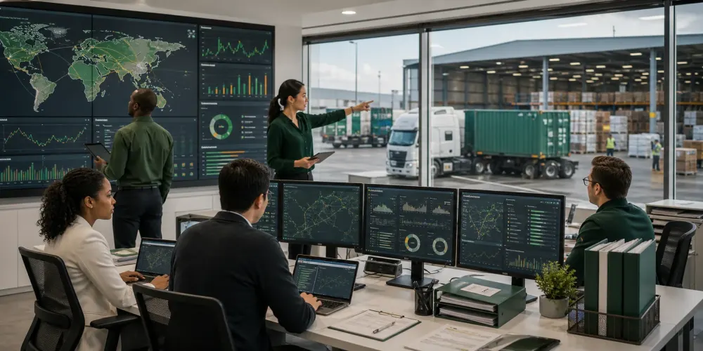 Logistics team tracking shipments from a control room