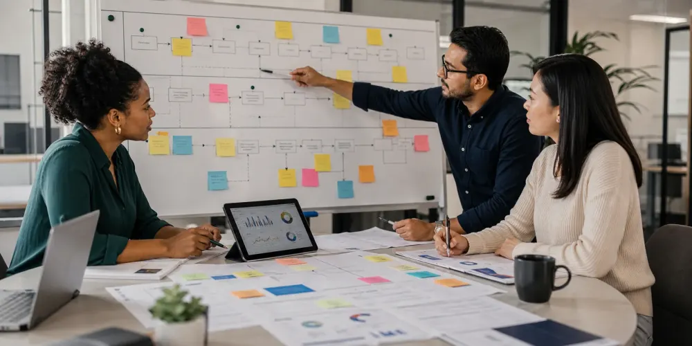 Consultants and a client team mapping an end-to-end workflow on a whiteboard