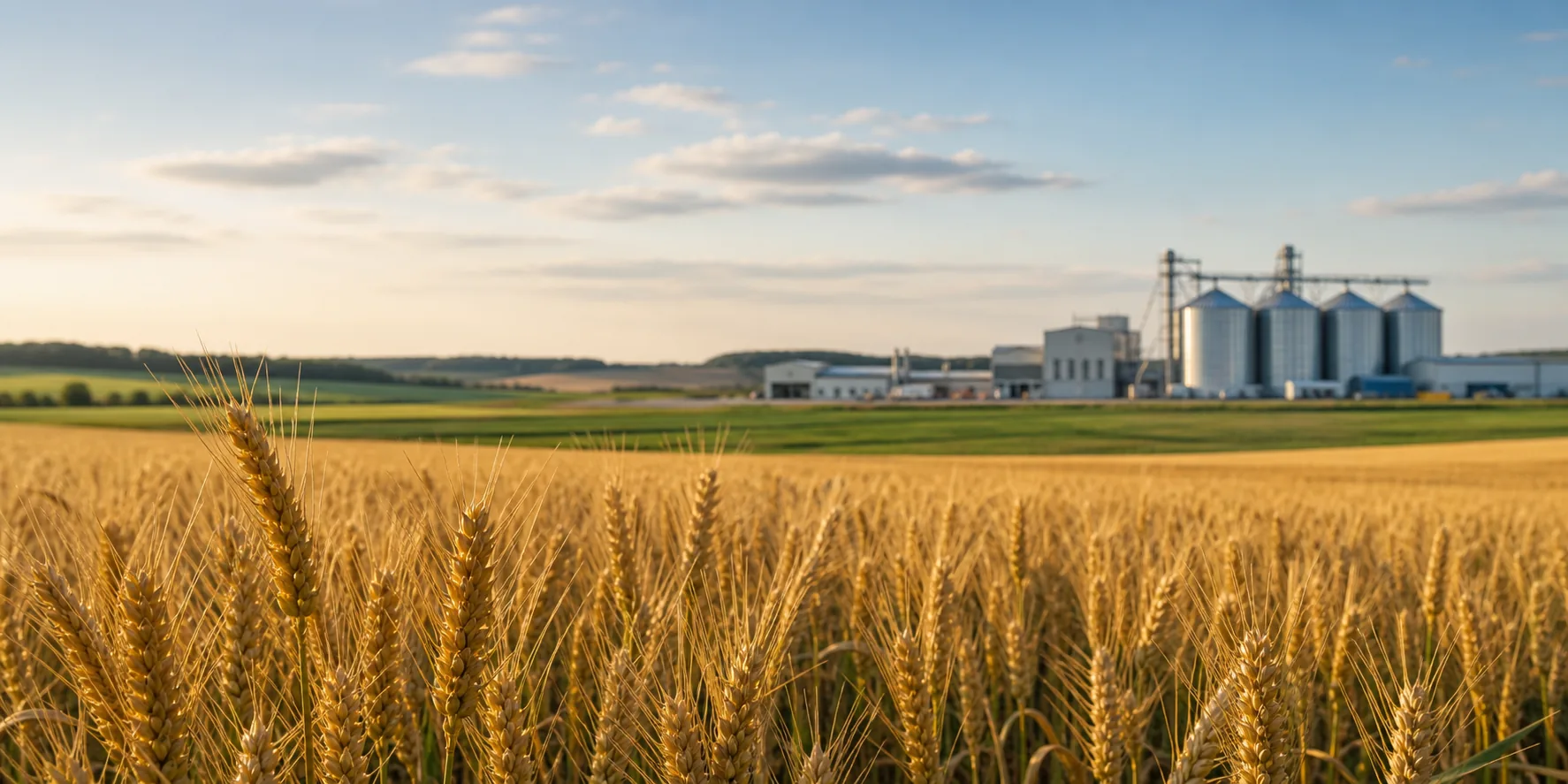 Agricultural grain field with modern food supply chain operations