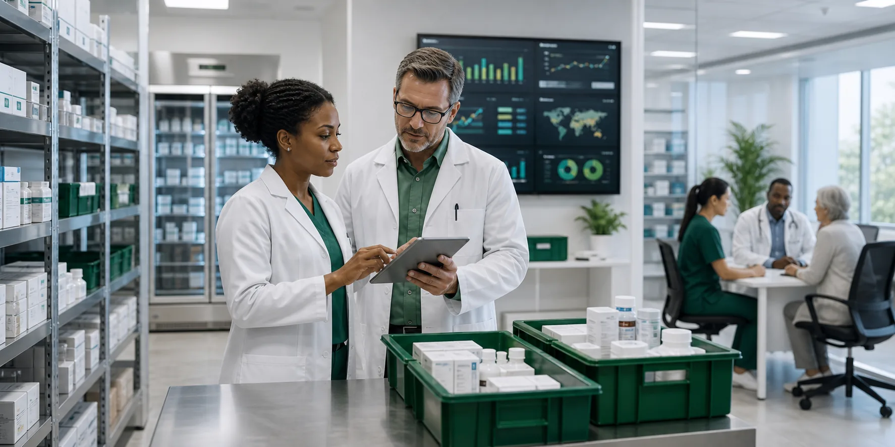 Modern healthcare supply chain environment with medical inventory and digital operations dashboards