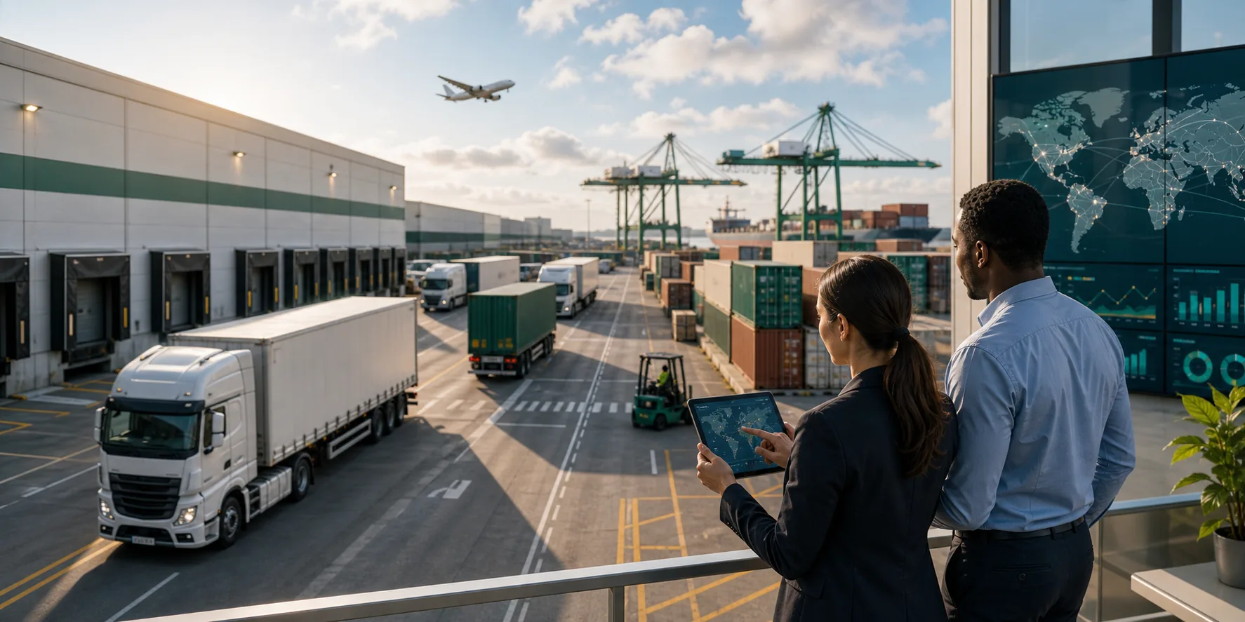 Modern logistics hub with trucks, containers, warehouse docks, and route coordination systems