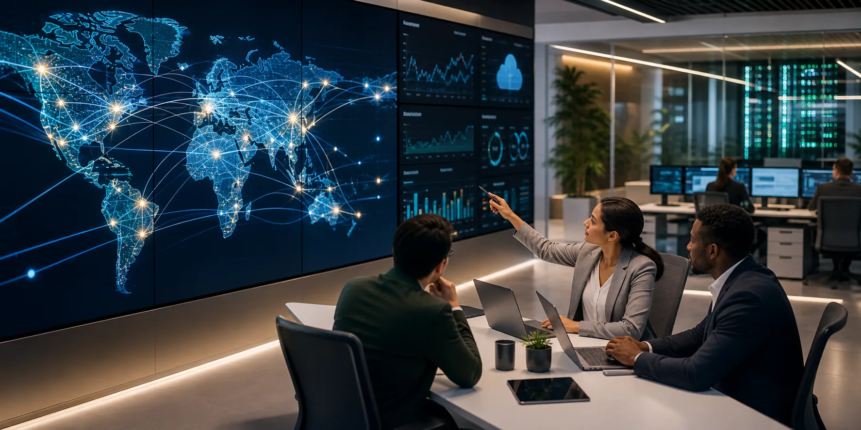 Modern digital operations center with global network dashboards and cloud infrastructure displays