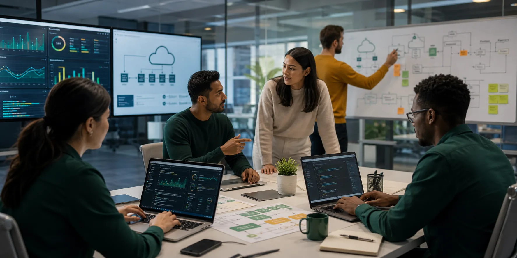 Technology team reviewing cloud architecture, analytics dashboards, and implementation progress