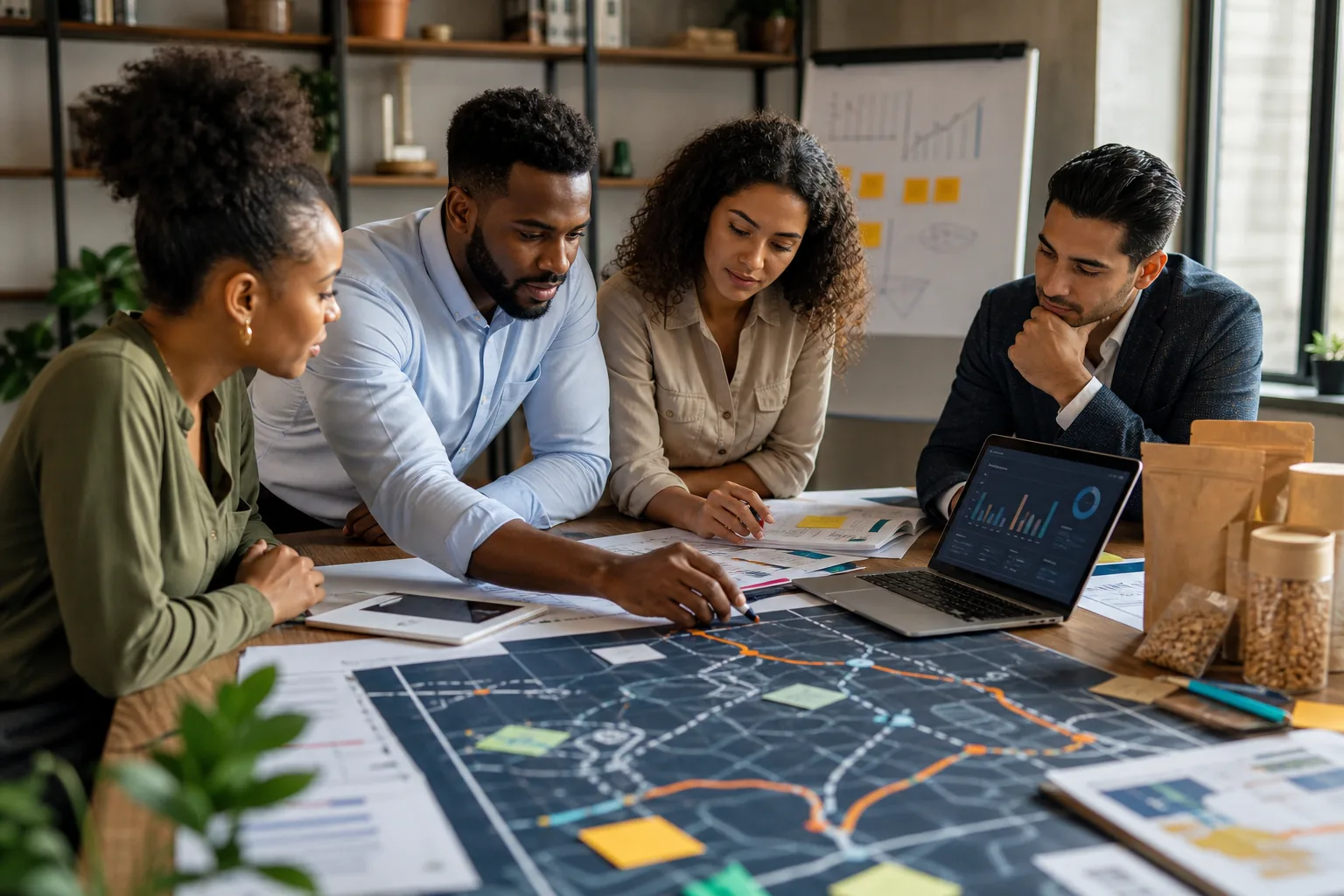 Small business leadership team planning market entry and growth priorities
